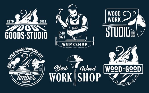 Set of emblems with equipment for wood workshop or joiner craft studio. Carpenter tool for repair, professional carpentry work