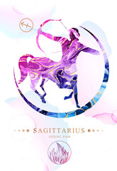 Modern magic witchcraft card with astrology Sagittarius zodiac sign  with alcohol ink texture. Zodiac characteristic. Marble texture background