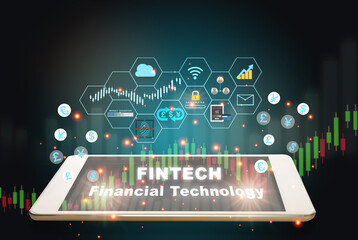 Financial technology words on smart phone screen with fintech theme background. Investment technology innovation concept and artificial intelligence digital transformation idea