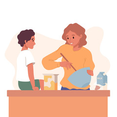 Happy people cooking on kitchen table. Smiling mother and son. Parent spend time with child preparing meals for dinner, baking, homemade food. Flat cartoon vector illustration.