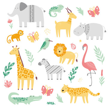Set of cute african zoo animals giraffe, zebra, lion, bird, elephant, snake, lizard, cheetah, crocodile. Flat and simple design style for baby, children illustration.
