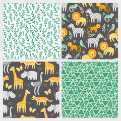 Set of seamless pattern with cute african zoo animals. Flat and simple design style for baby, children wallpaper, background, fabric illustration.