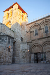 Fototapeta na wymiar View on main entrance in at the Church of the Holy Sepulchre in Old City of Jerusalem