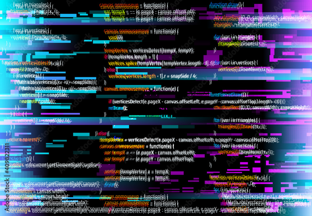 Leinwandbilder Abstract background with glitched program code parts. Vector backdrop with programming language and random glowing pixels. Black monitor screen with distortion and glitch effect, computer error or bug