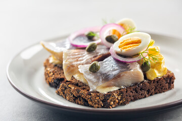 Smorrebrod - openfaced scandinavian samdwich with butter, herring fish, curried apples mixed with mayonnaise, boiled eggs,  capers and red onion. Close-up.