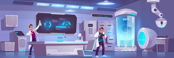 Scientists in laboratory conduct experiment, men scientific research in cryonics or chemical lab with equipment microscope, glass flasks, cryo camera with low temperature Cartoon vector illustration