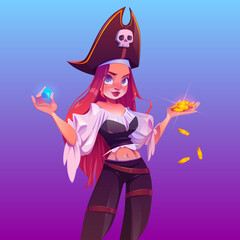 Girl pirate with treasure, female captain with red hair and hat with skull sign. Vector cartoon character of pretty woman in buccaneer costume holding gemstone and gold coins. Beautiful girl corsair