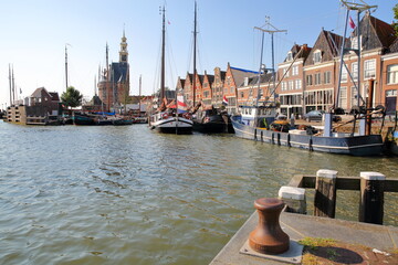 The harbor (Binnenhaven) of Hoorn, West Friesland, Netherlands, with the Hoofdtoren (The Head...
