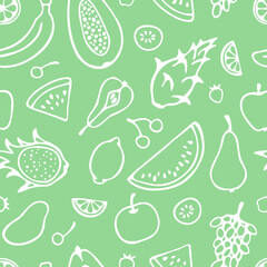 Vector seamless pattern of hand drawn silhouettes of fruits: pear, papaya, dragon fruit, banana, grape, watermelon, lemon, kiwi, mango, apple, cherry.