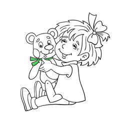 Little girl sitting on the floor with a favorite teddy bear in her arms.   Black and white contour picture with green accent. In cartoon style. For coloring book. Vector illustration.