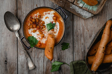 roasted pepper soup with chickpeas, cream and bread crumbs in blue bowls on wooden table, seasonal eating, rustic style