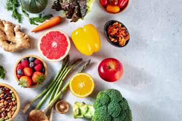 Superfoods design template with a place for text. Overhead flat lay shot of various vegan food ingredients
