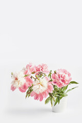 a composition of fresh flowers in a delicate pastel pink color. vertical frame on a white background