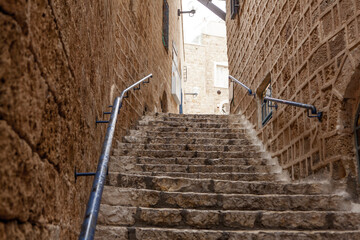 ancient stairs in stone old city Jaffa in Tel Aviv