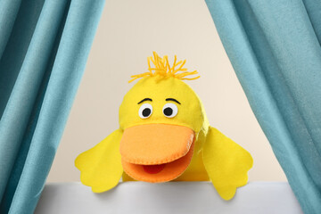 Creative puppet show on white stage indoors