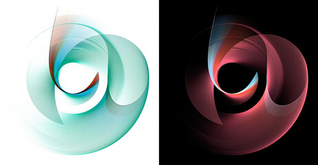 The green and red wavy surfaces intersect beautifully and form a curl against white and black backgrounds. Graphic design elements set. 3d rendering. 3d illustration. Sign, icon, symbol, logo. © Svetlana