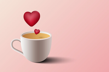 Floating heart on coffee cup on pink background. Valentines day and love concept. Coffee love.