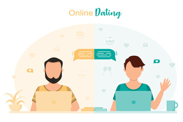 Online date during quarantine and self-isolation,LGBT couple talking via video chat, virtual relationship while distancing, man and woman in love.flat vector illustration