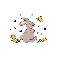 Adorable bunny with flowers and butterfly. Spring and Easter vector illustration.