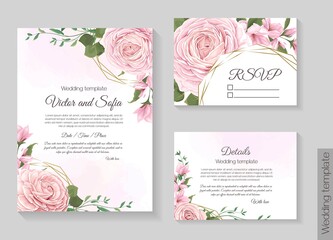 Fototapeta na wymiar Floral template for wedding invitation. Invitation card, rsvp, detailы. Pink roses, sakura, magnolia, green plants and flowers, gold polygonal, frame, watercolor.