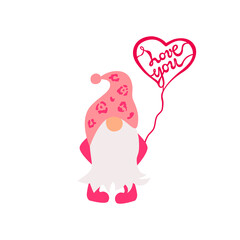 Gnome with heart on white background. Love you. Vector illustration.