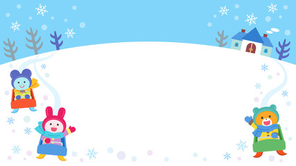 ソリあそびをするクマ・ウサギ・ネズミ／フレーム