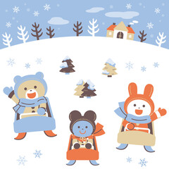 ソリあそびをするクマ・ウサギ・ネズミ／セット／4色・シンプルカラー