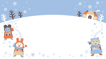 ソリあそびをするクマ・ウサギ・ネズミ／フレーム／4色・シンプルカラー