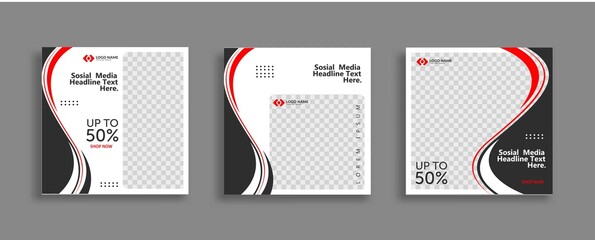 Set of Editable minimal square banner template. Red white background color with geometric shapes for social media post and web internet ads. Vector