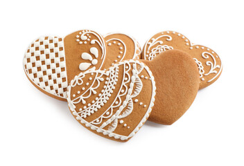 Tasty heart shaped gingerbread cookies isolated on white