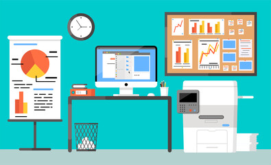 Workplace concept. Office interior. Design for co working. Desktop with computer, clock, graph, scanner, folders, Xerox, paper basket, organized, cork board and pencils. Self-education. Cabinet. Study