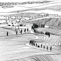 Black and white hand drawn Toscana countryside scenery. Graphic vector illustration Italian landscape