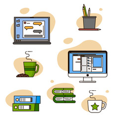 Sticker pack with icons for business - work from home. Laptop with messenger, computer with files, folders with documents, books, pencils, coffee mug and cookie 