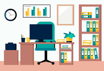 Workplace concept. Office interior. Design for co working. Desktop with computer, printer, coffee mug, poster, reminder stickers, organized, wall clock, folders, graphics, mirror, plant and pencils 