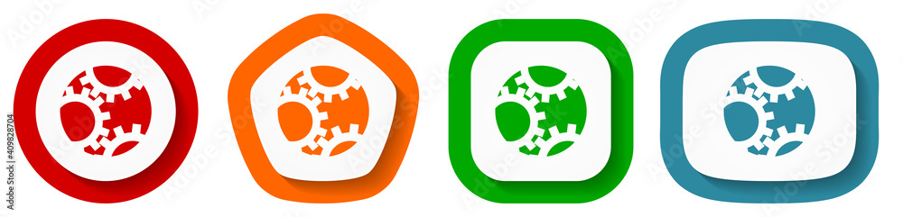Poster gear vector icon set, flat design buttons on white background