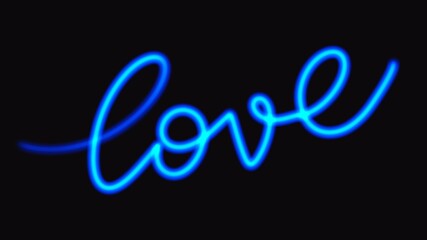 Love blue neon handwritten calligraphy on black background