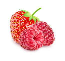 Berries mix isolated - strawberry and raspberry on white background