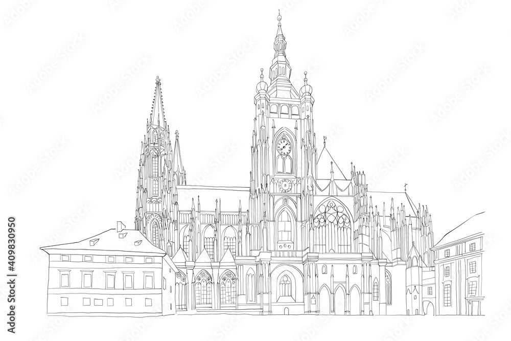 Wall mural vector sketch of St. Vitus Cathedral in Prague, Czech Republic