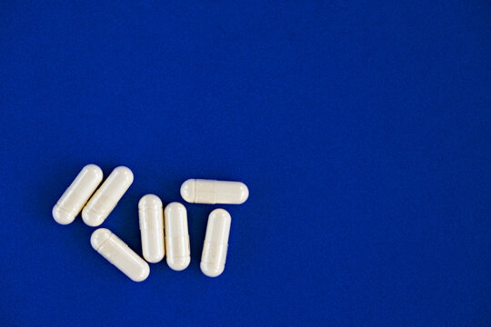 close-up of 5-htp capsules, with negative space. dietary concept. dietary supplement.