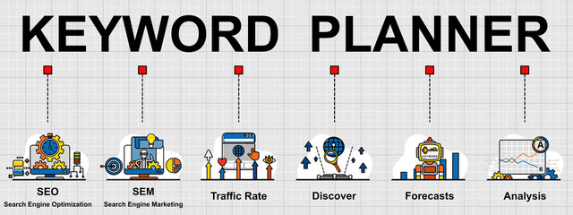 Vector banner of Keyword planner tool that is Marketing tool. Creative flat design for web banner ,business presentation, online article.