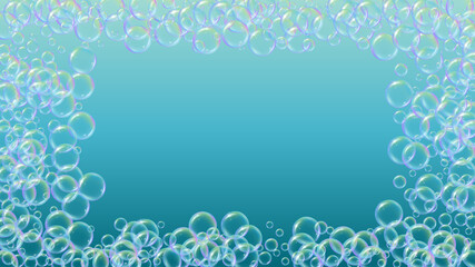 Suds bubble. Detergent bath foam and soap for bathtub. Shampoo. 3d vector illustration layout. Stylish fizz and splash. Realistic water frame and border. Blue colorful liquid suds.