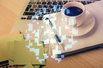 Multi exposure of technology theme drawing and desktop with coffee and items on table background. Concept of data research.