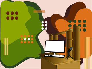 The computer is on the table. Abstract background. Virtual office.