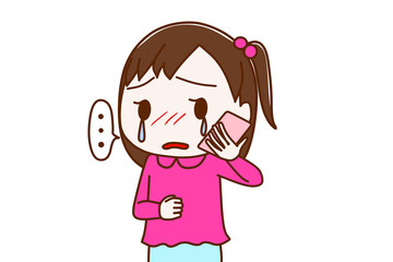 Obraz premium スマホで涙を流しながら悲しそうに話す少女