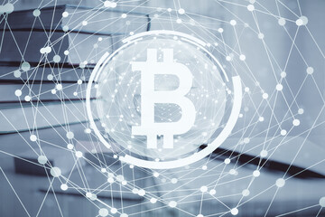Double exposure of crypto technology drawing and desktop with coffee and items on table background....