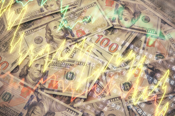 Multi exposure of forex chart drawing over us dollars bill background. Concept of financial success markets.