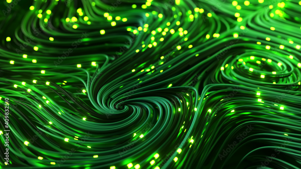 Poster bundles of abstract optical fiber lines. bright light signals quickly transmit data for high speed i