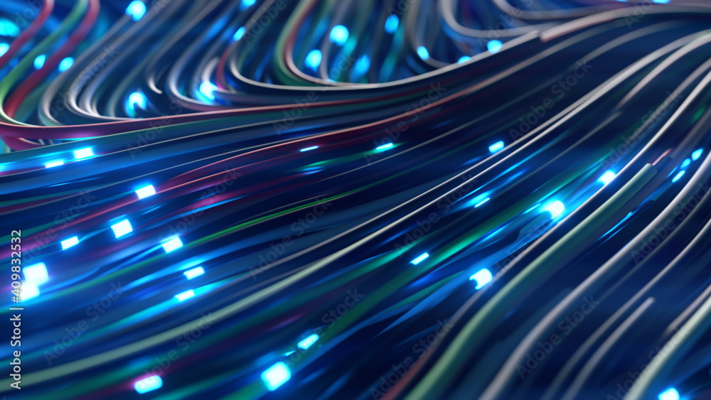 Sticker bundles of abstract optical fiber lines. bright light signals quickly transmit data for high speed i