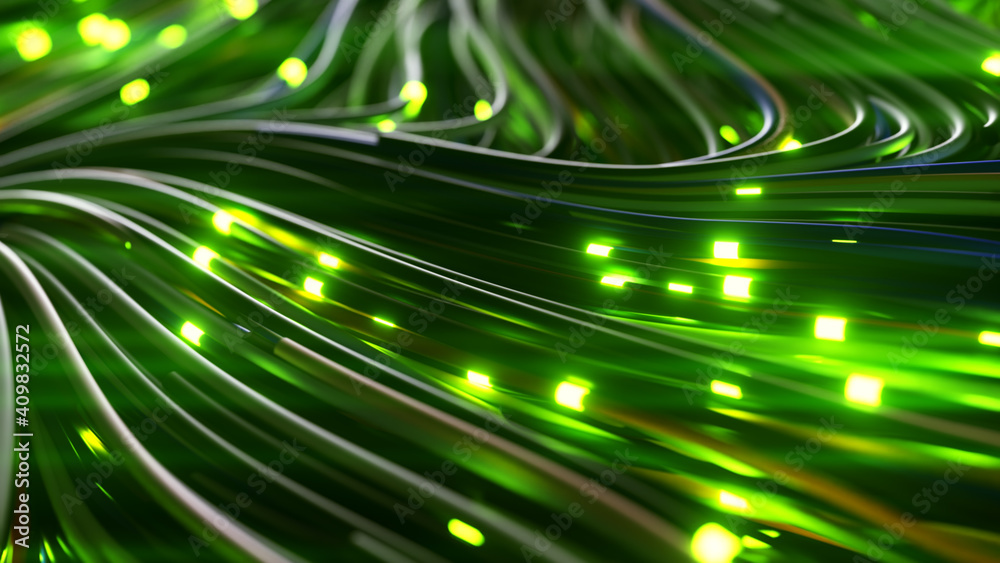 Wall mural bundles of abstract optical fiber lines. bright light signals quickly transmit data for high speed i