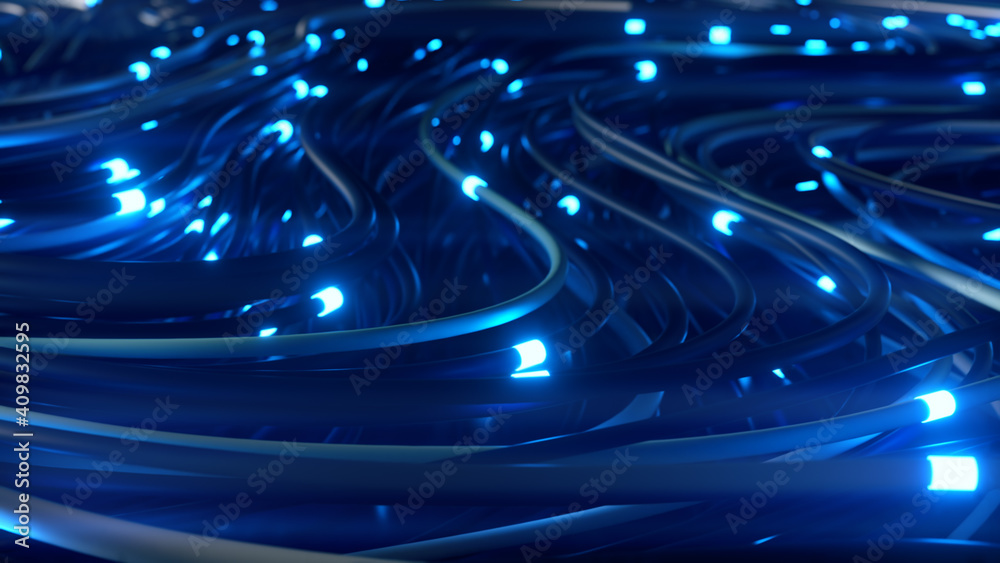 Sticker bundles of abstract optical fiber lines. bright light signals quickly transmit data for high speed i